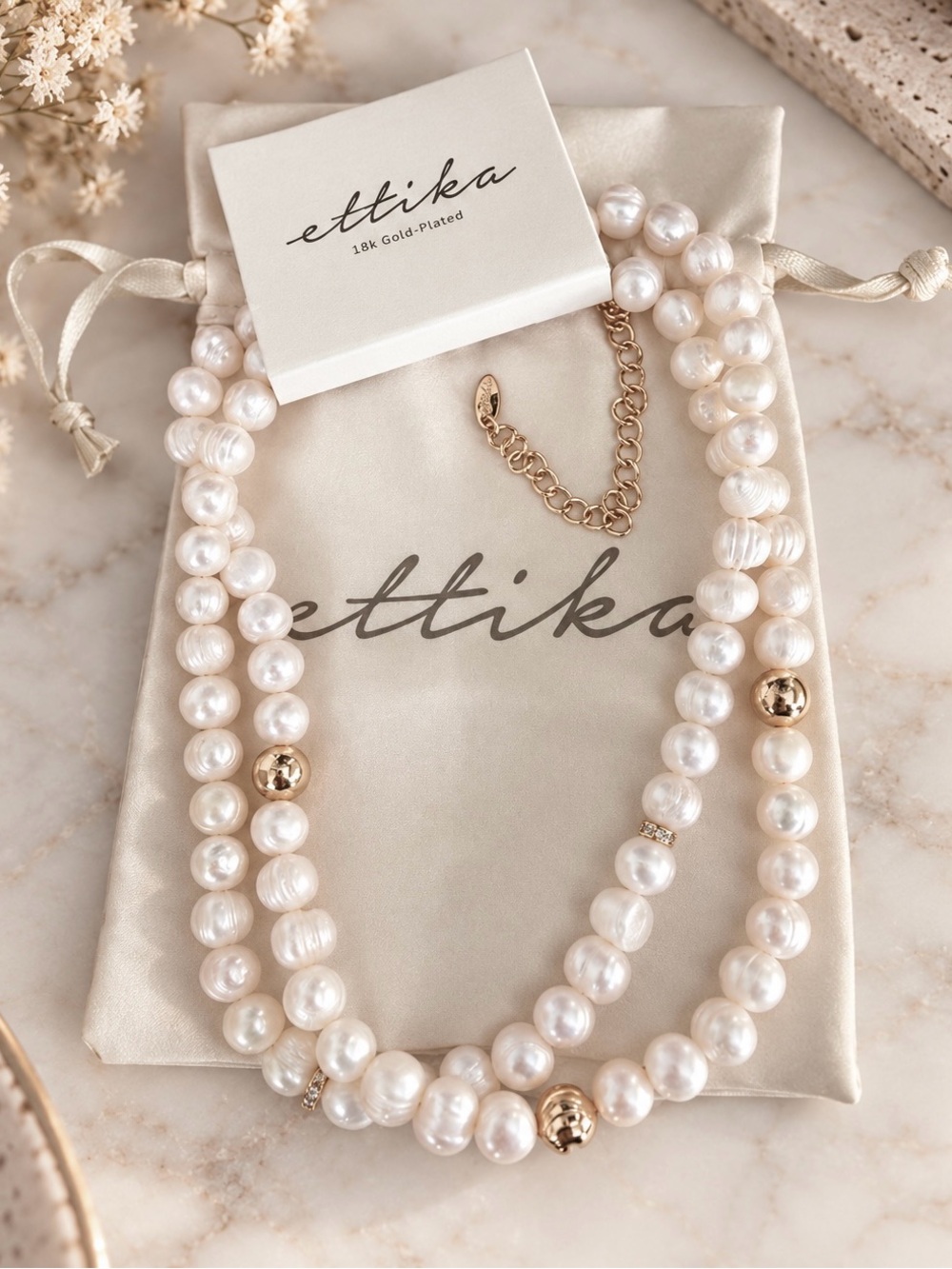 ettika White Pearl and Gold Bead Double Strand Necklace New